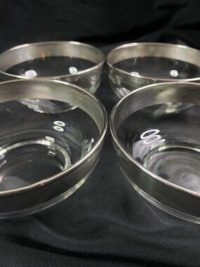 Silver-Plated Rim Glass Dessert Bowls Footed Mid Century Set Of 4